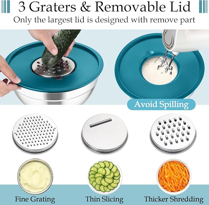 TeamFar Mixing Bowls, Stainless Steel Nesting Salad Bowls with Lids Set of 3 & 3 Grater Attachments, For Mixing/Serving/Storing, Non-toxic & Long-lasting, Size 4.6/3 / 1.5 QT, Navy Blue - Image 3