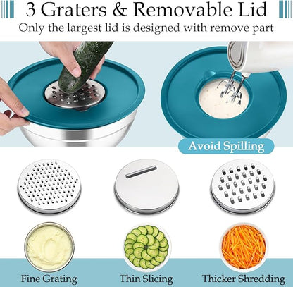 TeamFar Mixing Bowls, Stainless Steel Nesting Salad Bowls with Lids Set of 3 & 3 Grater Attachments, For Mixing/Serving/Storing, Non-toxic & Long-lasting, Size 4.6/3 / 1.5 QT, Navy Blue - Image 3