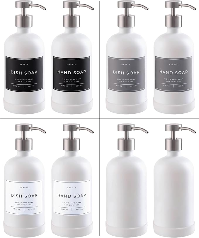 Hand and Dish Soap Dispenser for Kitchen and Bathroom, Set of 2 16 Oz Glass Bottles, Stainless Steel Pumps, Non-Slip Silicone Base, 27 Waterproof Labels (Matte White Bottle/Brushed Silver Pump) - Image 5