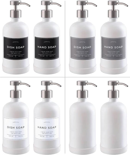 Hand and Dish Soap Dispenser for Kitchen and Bathroom, Set of 2 16 Oz Glass Bottles, Stainless Steel Pumps, Non-Slip Silicone Base, 27 Waterproof Labels (Matte White Bottle/Brushed Silver Pump) - Image 5