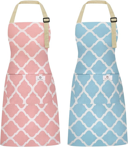 2 Pieces Aprons for Women with Pockets, Cotton Linen Waterproof Kitchen Cooking Aprons, Chef Apronfor Men Women with Adjustable Neck Strap and Long Ties(Pink/Blue)