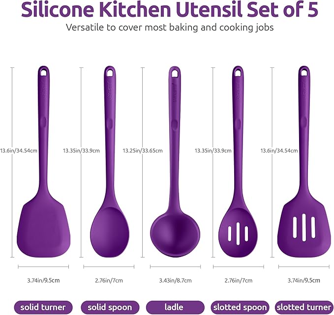 Silicone Kitchen Cooking Utensil Set: U-Taste 600ºF Heat Resistant 13.6in Extra Long Kitchen Tools, Food-Grade Non-Stick Spatula Turner Spoon Ladle for Stir Frying, Serving, Mixing (5 Pieces, Purple) - Image 2