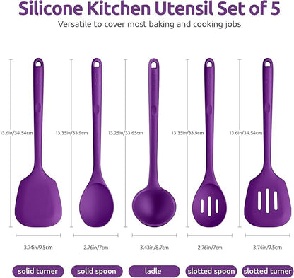 Silicone Kitchen Cooking Utensil Set: U-Taste 600ºF Heat Resistant 13.6in Extra Long Kitchen Tools, Food-Grade Non-Stick Spatula Turner Spoon Ladle for Stir Frying, Serving, Mixing (5 Pieces, Purple) - Image 2