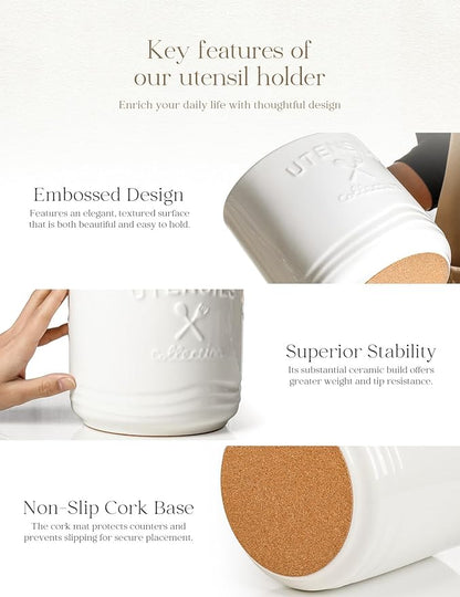 AISBUGUR Large Ceramic Utensil Holder: 7.5" H×6.3" W with Slanted Mouth - Utensil Crock with Non-Slip Cork Base for Kitchen Counter, Ideal for Decor & Gift,white utensil holder - Image 8
