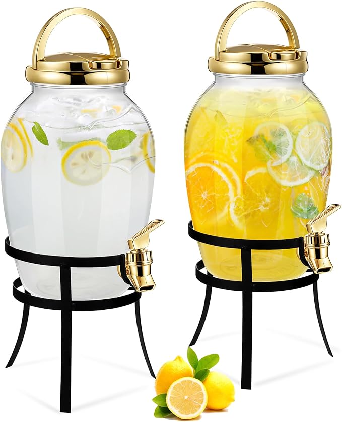 Havawish 2 Pack Drink Beverage Dispenser with Stand for Parties 1.16 Gallon Plastic Water Lemonade Juice Dispenser with Spigot and Lid for Countertop Weddings (Gold)