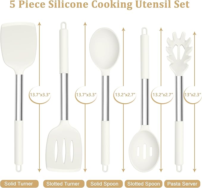 TeamFar Cooking Utensils Set, 5 Pcs Silicone Kitchen Utensils with Stainless Steel Handle, for Nonstick Cookware Flipping Frying Turning Draining, Heatproof & Healthy, Healthy & Easy Clean, White - Image 2