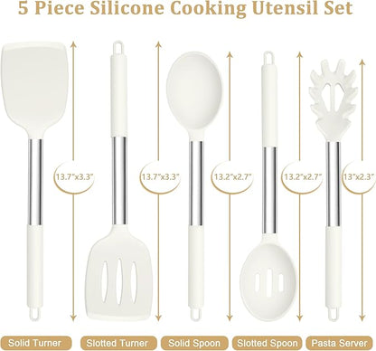 TeamFar Cooking Utensils Set, 5 Pcs Silicone Kitchen Utensils with Stainless Steel Handle, for Nonstick Cookware Flipping Frying Turning Draining, Heatproof & Healthy, Healthy & Easy Clean, White - Image 2