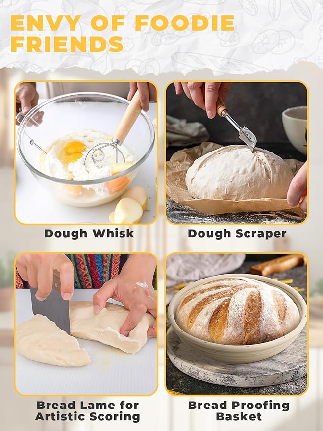 Dutch Oven Bread Baking Pot with Lid 6QT Enameled Cast Iron Oven, White Design & Complete Sourdough Kit (Banneton Basket, Dough Tools, Silicone Sling) for Artisan Bread Making