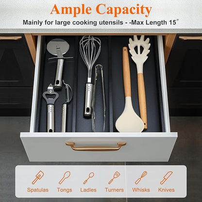 Bamboo Kitchen Tool Drawer Organizer Storage Black Cutlery Tray Expandable Silverware Drawer Divider Organizers Large Cooking Utensil Holder for Drawers Spoon Flatware Organizer Silverware Trays - Image 3