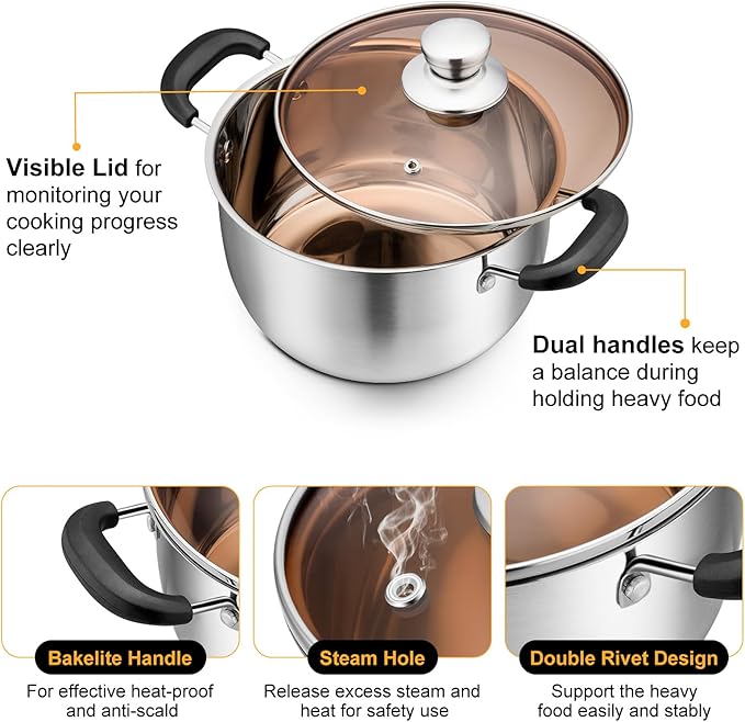 P&P CHEF 3 Qt Stockpot with Lid, Stainless Steel Cooking Stock Pot for Soup, Heat-Proof Double Handles with Visible Lid, Dishwasher Safe & Healthy, 1-Ply Metal