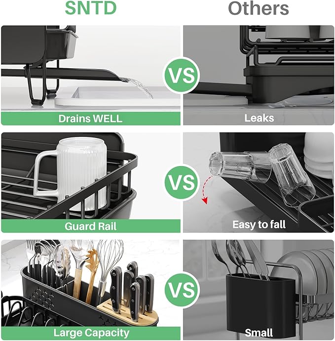 SNTD Dish Drying Rack - Large Dish Racks for Kitchen Counter, Expandable Dish Drainers with Cutlery Holder Stainless Steel Rustproof, Black - Image 6