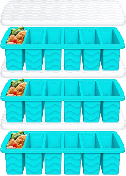 3-Pack Silicone Freezer Trays with Lid, Soup Freezer Container Molds, Silicone Freezer Molds, Ice Cube Tray for freezing Soup Sauce Broth Leftovers, Dishwasher & Oven Safe, BPA Free (1/2-cup,blue)