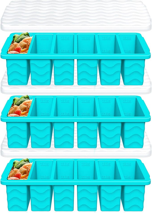 3-Pack Silicone Freezer Trays with Lid, Soup Freezer Container Molds, Silicone Freezer Molds, Ice Cube Tray for freezing Soup Sauce Broth Leftovers, Dishwasher & Oven Safe, BPA Free (1/2-cup,blue)