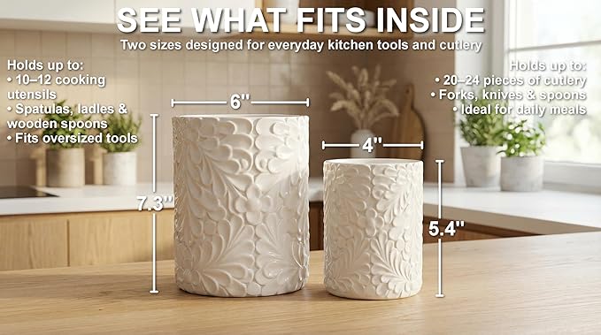 25DOL Large 7.3"+5.4" Engraved Ceramic Utensil Holder for Countertop, Cooking Utensils Organizer for Spatula, Large Utensils Crock for Kitchen Counter, Kitchen Decor, set of 2, White - Image 6