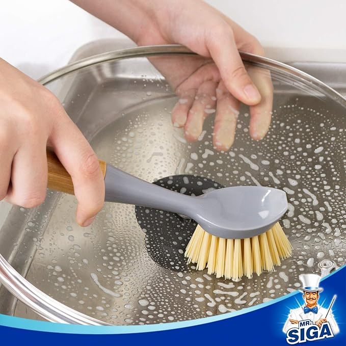 MR.SIGA Dish Brush with Bamboo Handle Built-in Scraper, Scrub Brush for Pans, Pots, Kitchen Sink Cleaning, Pack of 2 - Image 3