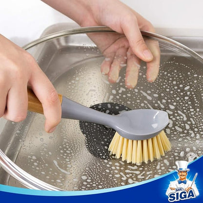 MR.SIGA Dish Brush with Bamboo Handle Built-in Scraper, Scrub Brush for Pans, Pots, Kitchen Sink Cleaning, Pack of 2 - Image 3
