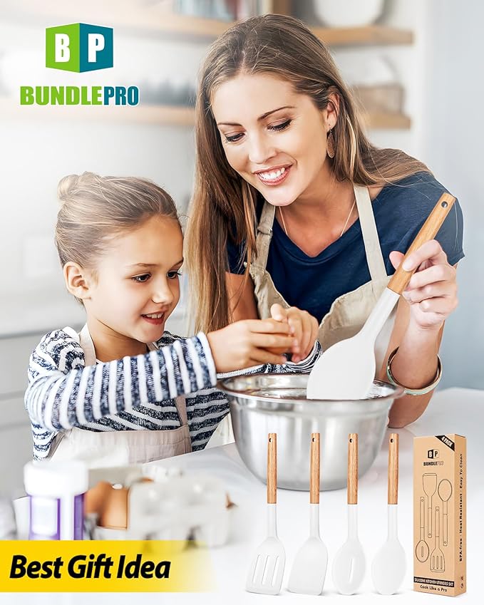 Pack of 4 Silicone Cooking Utensils Set, Non Stick Solid Spatulas and Heat Resistant Slotted Spoons with Wooden Handle, Ideal Wood Kitchen Utensils Set for Frying,Serving,Turning,Stirring (WHITE) - Image 7