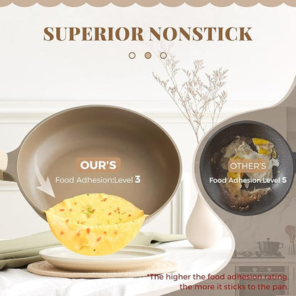 PRICUSIS Nonstick Frying Pan with Lid, Healthy Skillet, Egg Pan Nonstick Omelet Pan Chef's Pan, PFOA & PTFE Free, Induction Compatible (10 Inch W/L Natural Linen) - Image 4
