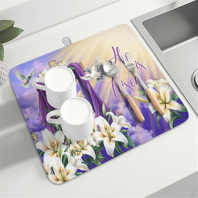 Easter Dish Drying Mat for Kitchen Counter He is Risen Cross Floral Purple Pattern Microfiber Dish Drainer Mat Rustic Absorbent Washable Drying Pad 16"x18"