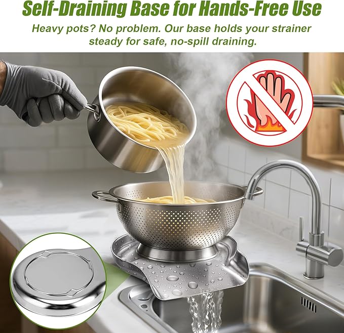 Palksky Colander and Strainer Self Drainer Base Plate Stainless Steel for Kitchen, Metal Countertop Draining Tray for Pasta Rice Noodle Fruit Veggie Food Strainer & Ceramic Colander - Image 8