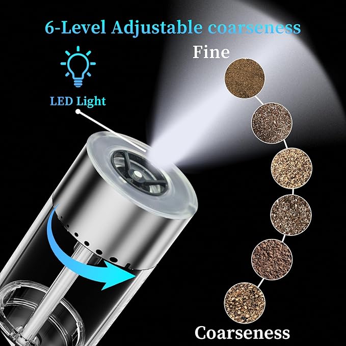 Electric Salt and Pepper Grinder Set Type-C Fast Charging, Automatic Salt and Pepper Shakers Adjustable Coarseness, Stainless Steel Rechargeable Salt and Pepper Grinder with LED Light - Image 4
