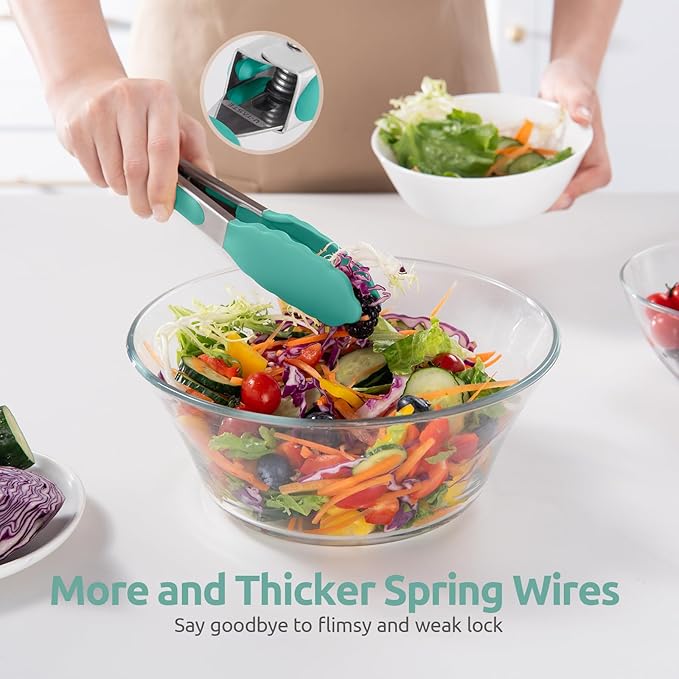 600ºF Heat Resistant Kitchen Tong: U-Taste 7in Silicone Cooking Tong with Firm Sealed Non Stick Rubber Tips & Silicon Coated 18/8 Stainless Steel Handle & Smooth Locking for Serving Salad (Aqua Sky) - Image 8