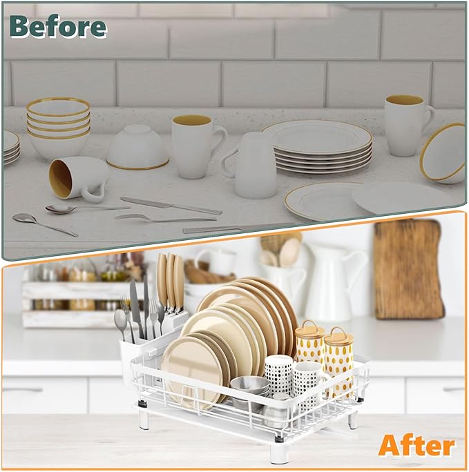 AIDERLY Iron Dish Drying Rack with Drainboard Dish Drainers for Kitchen Counter Extendable Spout Strainers with Utensil Holder and Knife Slots, White - Image 4