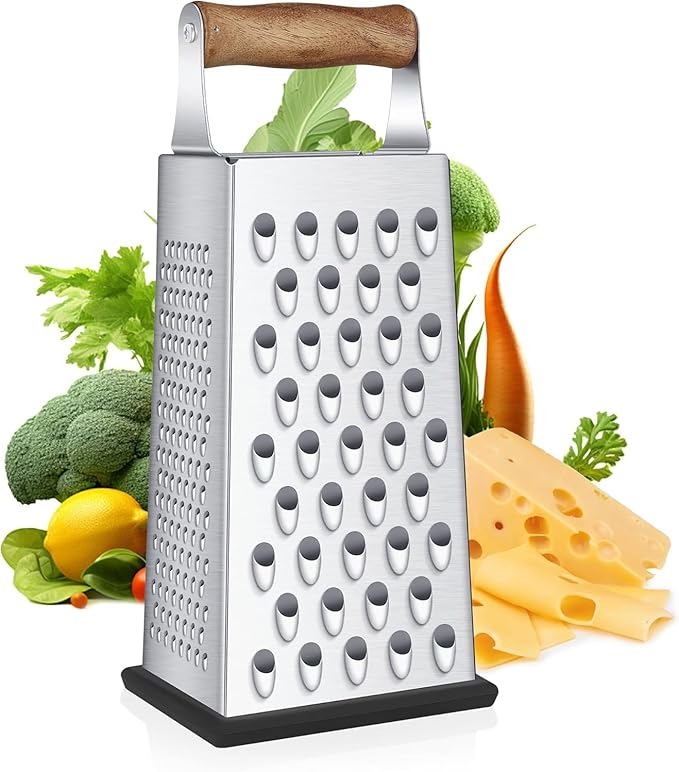 Cheese Grater with Wood Handle, Size 4-Sided Stainless Steel Box Grater, Food Shredder for Cheese, Parmesan, Vegetable, Dishwasher Safe, Black by Kaishun