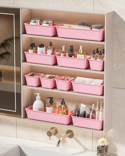 KEMETHY 25 PCS Plastic Drawer Organizers Set, 4 Sizes Vanity Organizer, Makeup and Desk Drawer Organizer Trays, Organization and Storage for Makeup, Bathroom, Kitchen Utensils and Office (Pink) - Image 7