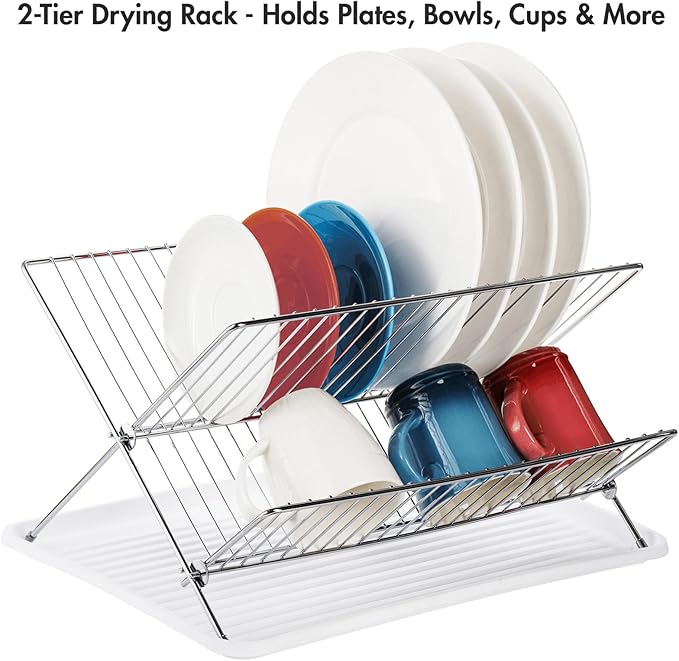 Youeon Foldable Dish Drying Rack with Drip Tray, Stainless Steel 2 Tier Dish Drainer Rack, Collapsible Dish Drainer, Folding Dish Rack for Kitchen Sink, Countertop, Cutlery, Plates, Dishes - Image 4