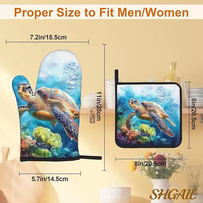 Ocean Turtle Pattern Oven Gloves and Hot Pads Set - Heatproof Hand Protection for Baking, Grilling, Cooking 4Pcs