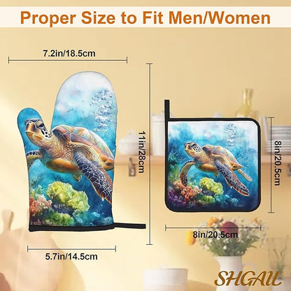 Ocean Turtle Pattern Oven Gloves and Hot Pads Set - Heatproof Hand Protection for Baking, Grilling, Cooking 4Pcs