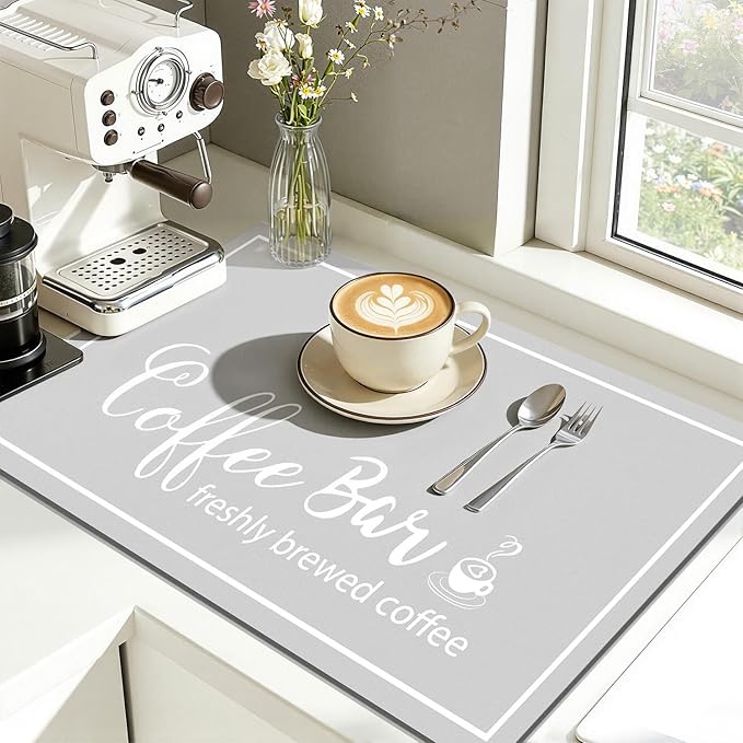 Findosom Dish Drying Mat, 16"x 24" Super Absorbent & Hide Stain Coffee Mat, Cuttable Drying Mat for Kitchen Counter, Coffee Bar Accessories, Under Dish Rack, Coffee Maker, Espresso Machine, LightGrey - Image 4