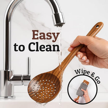 PriorityChef Wooden Slotted Spoon - Premium Teak Cooking Utensil for Frying, Straining & Serving - Long Handle Kitchen Spoon for Nonstick Cookware - Handcrafted Durable Wood