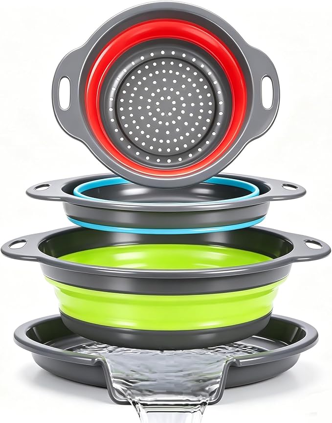 Collapsible Colander Set with Oversized Draining Tray | 3-Pack Foldable Kitchen Strainers + Base | Space Saving for Pasta, Veggies, Fruit & Rice | 5 Colors (Gray-Blue-Red-Green) by CLUREN