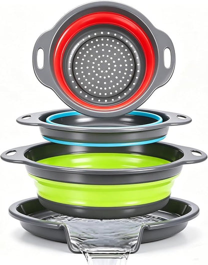 Collapsible Colander Set with Oversized Draining Tray | 3-Pack Foldable Kitchen Strainers + Base | Space Saving for Pasta, Veggies, Fruit & Rice | 5 Colors (Gray-Blue-Red-Green) by CLUREN