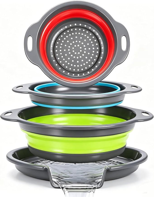 Collapsible Colander Set with Oversized Draining Tray | 3-Pack Foldable Kitchen Strainers + Base | Space Saving for Pasta, Veggies, Fruit & Rice | 5 Colors (Gray-Blue-Red-Green) by CLUREN