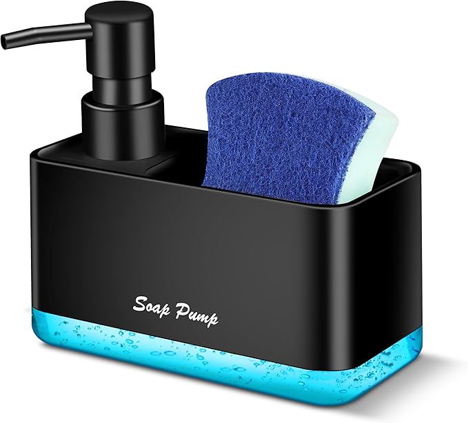 Dish Soap Dispenser with Sponge Holder, 2-in-1 Countertop Small Soap Dispenser for Kitchen and Bathroom, Multi-Scene for Dish Soap, Hand Soap, Lotion, Body Wash (Black) by Eavida