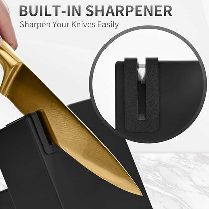 15-Piece Gold Kitchen Knife Block Set with Sharpener, Stainless Steel Knives Set for Kitchen, Chef Gold Kitchen Knife Sets with Scissors, Steak Knives