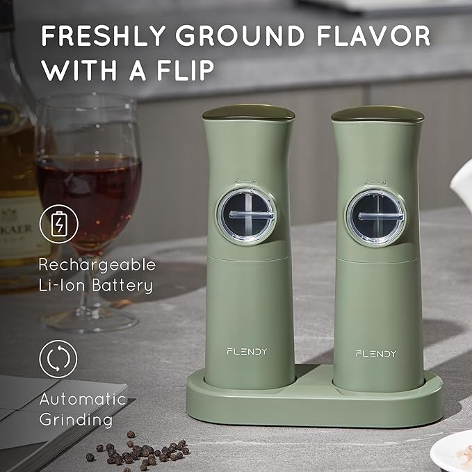 Flendy Gravity Electric Salt and Pepper Grinder Set Rechargeable, Automatic Salt and Pepper Grinder Set with USB C Charging Base, Gravity Salt and Pepper Shakers Set Electric