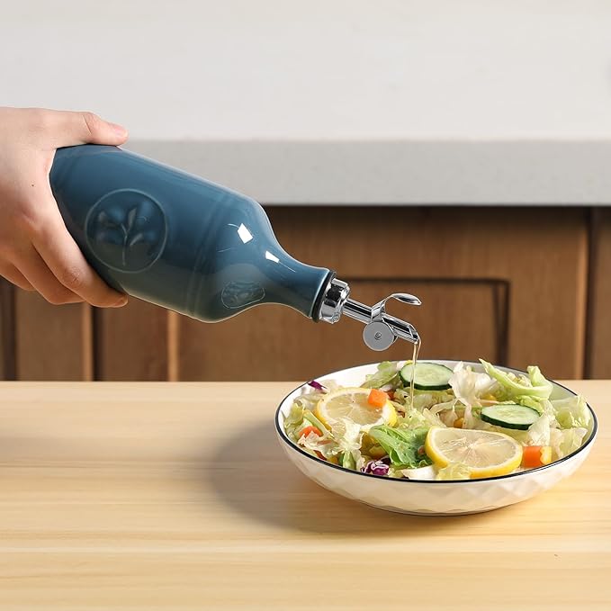 Sweejar 16 Oz Ceramic Olive Oil Dispenser Bottle, Oil Dispenser for Kitchen with Gravity Spout, Relief Opaque Vinegar Container for Evoo, Soy Sauce, 1 Pack(Fog Blue, Silver Spout) - Image 4