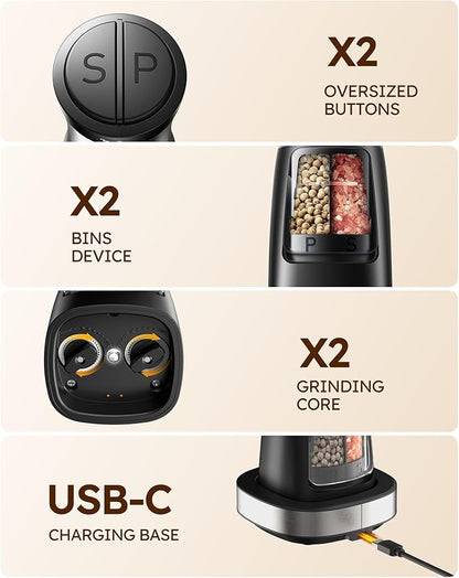 Sangcon Electric Salt and Pepper Grinder Set Shaker 2 IN 1 - USB RECHARGEABLE Salt and Pepper Mill with Charging Base, Adjustable Coarseness Automatic Grinder with Light, House Warming Cooking Gifts - Image 4