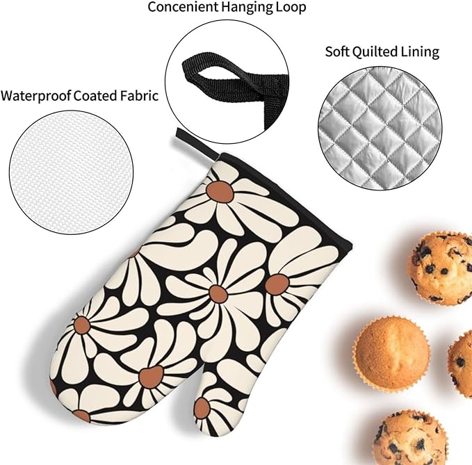 Boho Floral Pot Holders and Oven Mitts Set, Cute Black and Beige Kitchen Mitts for Oven,Non Slip Heat-Resistant Vintage Baking Gloves Hot Pads, Baking Gifts for Women