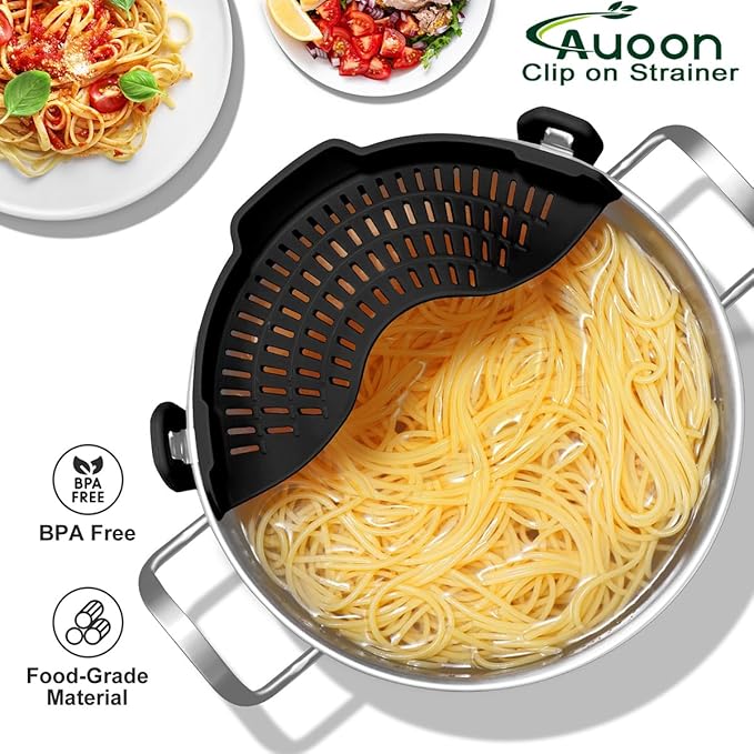 Large AUOON Clip on Strainer for All Pots and Pans - Oversized Silicone Pot Strainer Family-Style Design Pasta Strainer Kitchen Colander for Spaghetti and Noodles | Dishwasher Safe - Image 2