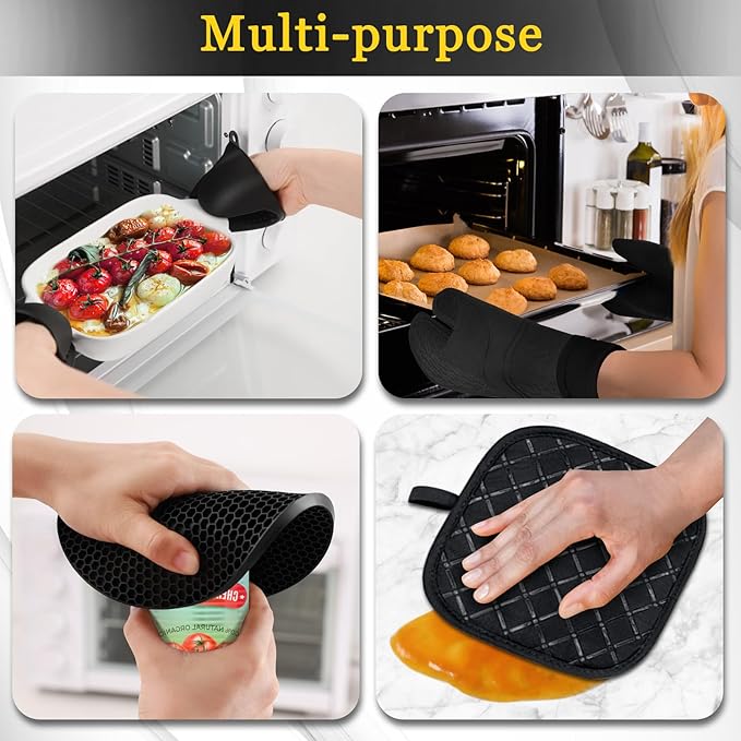 8PCS Oven Mitts and Pot Holders Sets - 480°F Heat Resistant Pot Holders and Oven Mitts, 14.5" Extra Long Silicone Oven Mitts for Cooking, Non-Slip Oven Mitt with Soft Cotton Lining, Black - Image 5