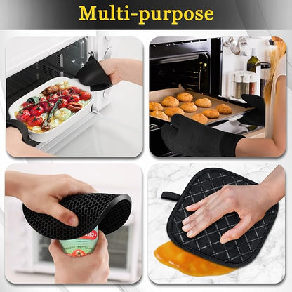 8PCS Oven Mitts and Pot Holders Sets - 480°F Heat Resistant Pot Holders and Oven Mitts, 14.5" Extra Long Silicone Oven Mitts for Cooking, Non-Slip Oven Mitt with Soft Cotton Lining, Black - Image 5