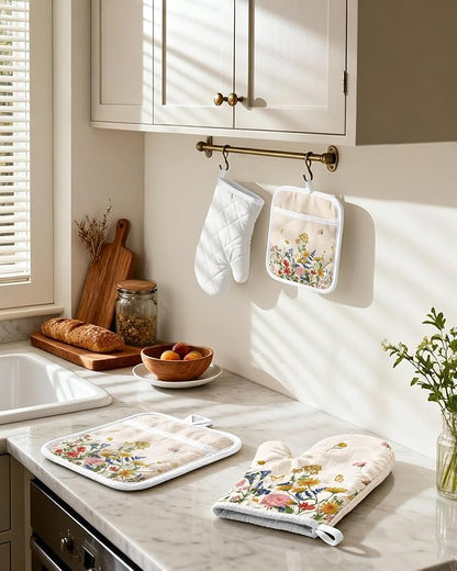 Miss Adola Cotton Oven Mitts and Pot Holders Sets - Quilted Lining Heat Resistant 4 Pieces Set with Hanging Loop Cute Farmhouse Boho Spring Kitchen Decor and Accessories, Retro Flower - Image 2