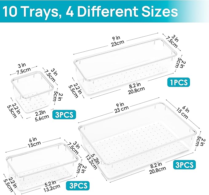 Vtopmart 10 Pcs Makeup Drawer Organizer Bins Set, 4 Size Plastic Makeup and Vanity Organizer Trays, Clear Acrylic Vanity Storage Containers for Cosmetics, Toiletries, Jewelry, Gadgets, Office Supply - Image 5