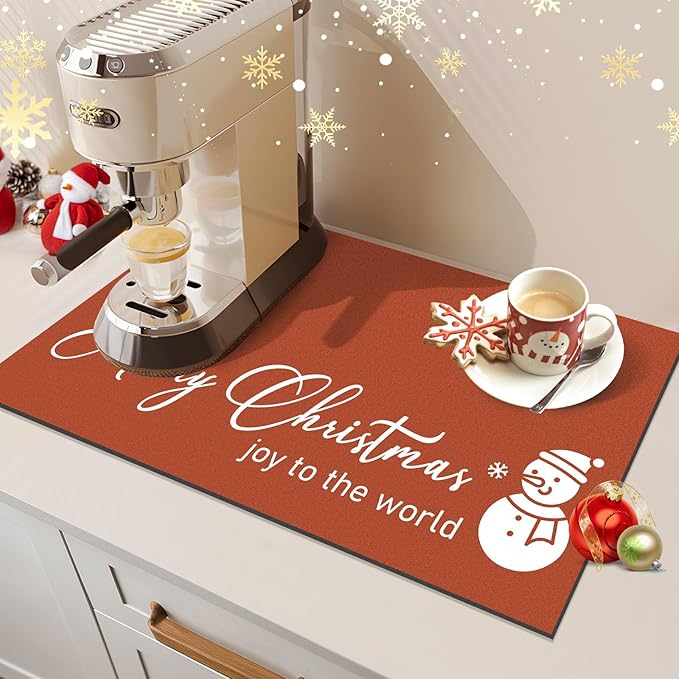 Findosom Christmas Dish Drying Mat, 12" x 20" Super Absorbent & Cuttable Dish Mat with Hello Sunshine Pattern, Hide Stain Drying Mat for Kitchen Counter Coffee Maker Dining Room Decoration, Red - Image 6