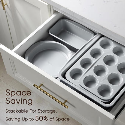 CAROTE 7-Piece Nonstick Stackable Baking Pans Set - Bakeware Sets Including Cookie Sheets for Baking, Muffin Pan, Bread Pan, Cake pan, Loaf Pan, Roasting Pan, Gray & Blue - Image 7